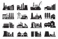 Big set of factory plant constructions black icons isolated on white. Industrial buildings pictograms