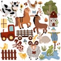 Big set of farm with animals. Pets, dog, sheep, donkey, cow, chicken, farm truck with wheelbarrow, scarecrow, windmill Royalty Free Stock Photo