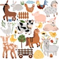 Big set of farm with animals. Pets, goat, donkey, pig, cow, chicken, wheelbarrow, hay, flowers and more. Cute farm