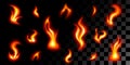 The big set of 14 fires on black-transparent Royalty Free Stock Photo