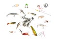 Big set fishing tackle, isolated on white. Royalty Free Stock Photo