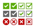 Big set of flat buttons: green check marks and red crosses on a white background. Circle and square, solid and rounded corners Royalty Free Stock Photo