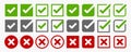 Big set of flat buttons on white background: green checkmarks and red crosses for use. Circle, hard and rounded corners. - Vector Royalty Free Stock Photo