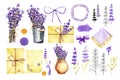 Big set with flowers and sprigs of lavender, bouquets in a bucket and a vase, mail and paper, stains, blots. Handmade watercolor Royalty Free Stock Photo