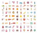 Big set of food, drink bodycare, travel and summer holiday related objects and icons. For use on poster, banner, card