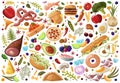 Big Set Food. Vegetables and Meat , fastfood, fish, fruits, sweets, dried fruit and onion, tomato, apple hand drawn of Royalty Free Stock Photo