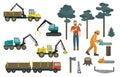 Big set of forestry industry, vehicles and equipment. Vector illustration.