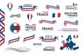 Big set of French ribbons, symbols, icons and flags isolated on a white background, Made in France, Welcome to France