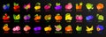 Big set of fruit icons isolated on black background. Colorful tropical fruits leaves lettering. Concept graphic vector element. Royalty Free Stock Photo
