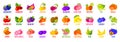 Big set of fruit icons isolated on white background. Colorful tropical fruits leaves lettering. Concept graphic vector element. Royalty Free Stock Photo