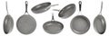 Big set of frying pans with non-stick coating on a white isolated background. New gray frying pans, clipart for Royalty Free Stock Photo