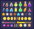 Big set of game resources and elements icon. Coins with animation, stars, life and power bars, poison bottles, keys and gems. Royalty Free Stock Photo
