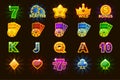 Big set gaming icons of card symbols for slot machines or casino in different colors Game casino, slot, UI