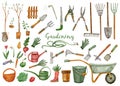 Watercolor big set with gardening farming tools.