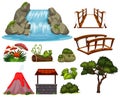 Big set of gardening theme with waterfall and plants