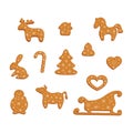 Big set of gingerbread cookies. Decorative gingerbread deer, hors, christmas tree, house, rabbit, candy cane, bell, heart, snowman Royalty Free Stock Photo