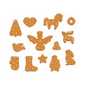 Big set of gingerbread cookies. Decorative gingerbread deer, hors, christmas tree, rabbit, bell, heart, snowman, angel, wreath,