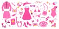Big set of glamorous trendy pink clothing, cosmetics, accessories, shoes, telephone, diary.