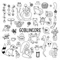 Big set of goblincore doodle with snail, strawberry, frog, girl, teapot, mushroom. Vector cottagecore illustrations on white