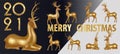 Big set gold deer. Merry Christmas Happy New Year deer greeting card illustration, realistic 3d solid gold reindeer on white Royalty Free Stock Photo