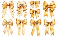 Big set of golden gift bows with ribbons. Watercolor illustrations set isolated on white background Royalty Free Stock Photo