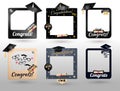 Big Set of graduation party photo booth props. Concept for selfie. Frame with cap for grads. Congratulation grad quote. Vector