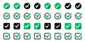 Big set of green check or tick icons for design