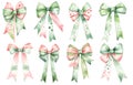 Big set of green and red gift bows with ribbons. Watercolor illustrations set isolated on white background Royalty Free Stock Photo