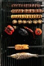 Big Set of Grilled Lule Kebab, Whole Barbecue Vegetables and Fish Royalty Free Stock Photo