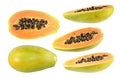 Big set of half cut and whole papaya fruits isolated on white background Royalty Free Stock Photo