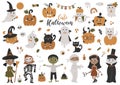 Big set of Halloween cute pumpkins, ghosts, kids in costumes and other elements. Royalty Free Stock Photo