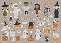 Big set of Halloween labels of cute pumpkins, ghosts, kids in costumes and other elements. Royalty Free Stock Photo
