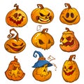 Big set of halloween pumpkins with Jack O`Lantern face, vector illustration. Royalty Free Stock Photo
