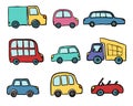 Big set of hand drawn cute cartoon cars for kids design. Vector illustration for wrapping, package, poster, web design, kids fabri