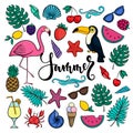 Big set of hand drawn cute cartoon summer symbols and objects for wrapping. design for holiday greeting card and invitation of Royalty Free Stock Photo