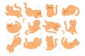 Big set, hand drawn cute ginger kittens in different positions, with different emotions. Children\'s stickers, print