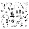 Big set of hand drawn decoration design elements for halloween party. Medieval magic objects and animals painted by ink. Grunge Royalty Free Stock Photo