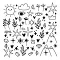 Big set of hand drawn design elements. Doodle style. Sketch of star, heart, mountain, leaf. Black tattoo Royalty Free Stock Photo