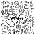 Big set of hand drawn doodle medicine with lettering. Hand drawn calligraphy and brush pen lettering word ambulance Royalty Free Stock Photo