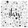 Big set of hand drawn doodle stars black and white isolated on background. Hand drawn calligraphy stars lettering. Royalty Free Stock Photo