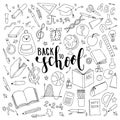 Big set of hand drawn doodle welcome back to school with lettering. Hand drawn calligraphy and brush pen lettering phrase back to Royalty Free Stock Photo