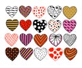 Big set of hand drawn hearts. Valentine vector sketch doodle. Graphic design elements. Trendy textures, lines, dots