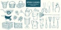 Big set of hand drawn sketch garden elements. Gardening tools. Engrave style retro illustrations.