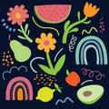 Big set of hand drawn various doodles with spring summer objects, rainbow and fruits watermelon, pear and avocado.
