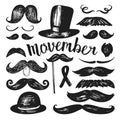 Big set of hand drawn vector mustache. Collection of cartoon barber silhouette hairstyle . Various types of whiskers