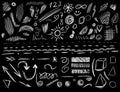 Big set of 105 hand-sketched design elements, VECTOR illustration isolated on black. White scribble lines.