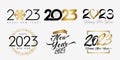 Big Set of 2023 Happy New Year, golden and black logo with snowflake, heart, inscription