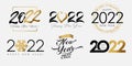 Big set of 2022 Happy New Year logo, gold & black lettering with heart, snow, ribbon and glitter