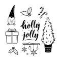 Big set of hygge and christmas cozy elements. Holly jolly lettering sign