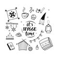 Big set of hygge lifestyle cozy elements. It`s Hygge time